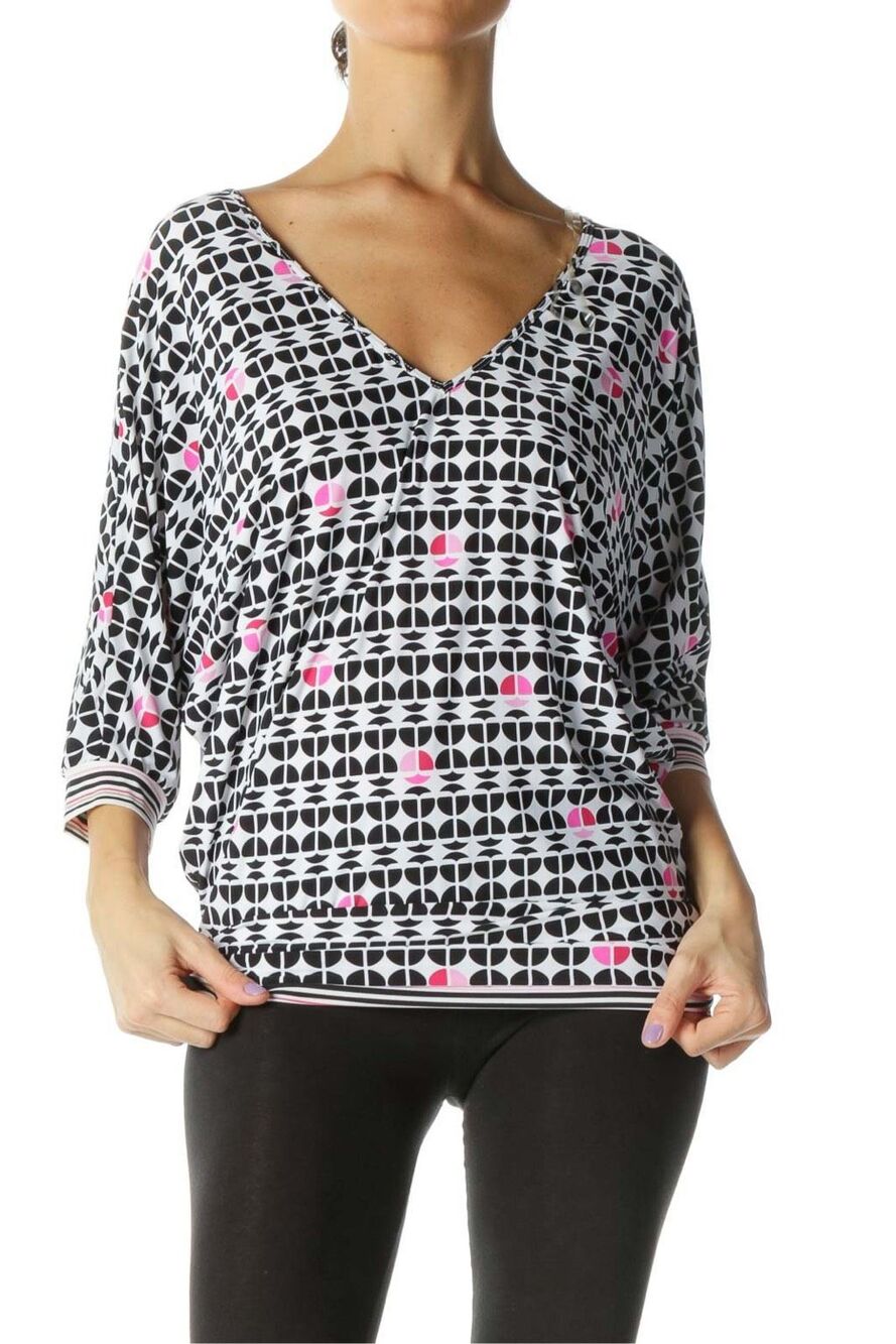 Trina Turk White Navy Geometric Print Blouse tunic size L